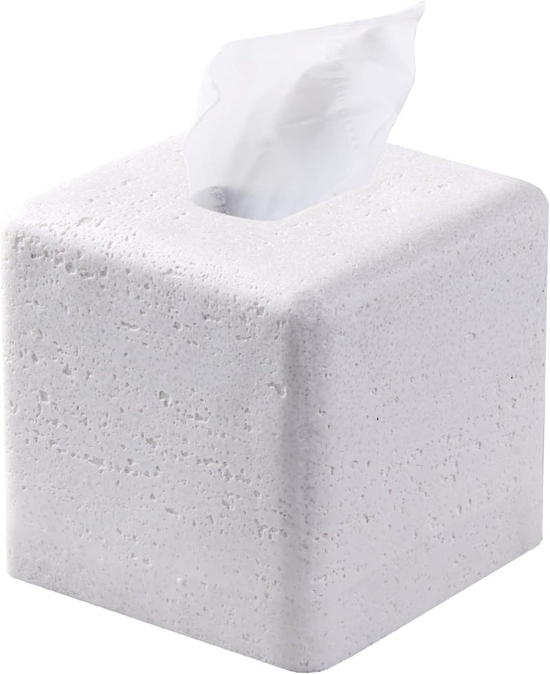 Polytree White Sandstone Tissue Box Cover Square for Home Decor,Resin Heavy Tissue Box Holder for Bathroom Countertop,Tabletop,Bedside Table,Office (Handmade of Resin) - Image 1